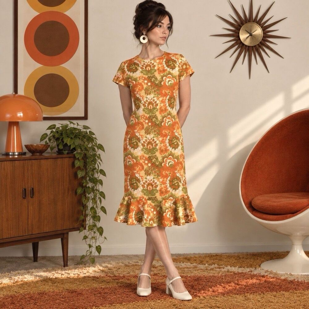 VTG 1960s Mod Sheath Dress M Orange Green Psychedelic Floral Ruffle Hem Handmade